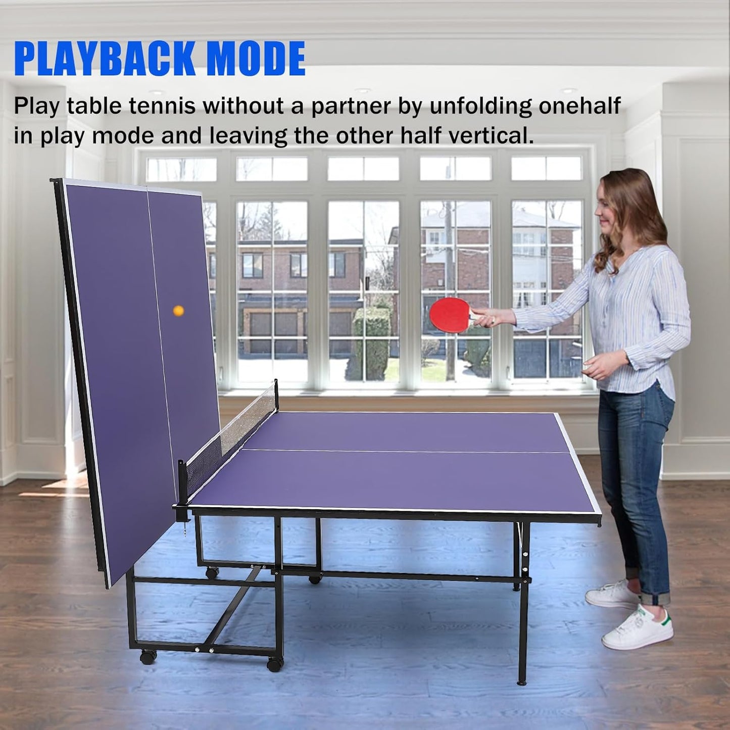 9FT Portable Ping Pong Table,Professional Indoor/Outdoor Table Tennis Tables with Net for Adults/Teens, 2 Tennis Paddles and 3 Balls, Easy Assembly,Single Player Playback Mode
