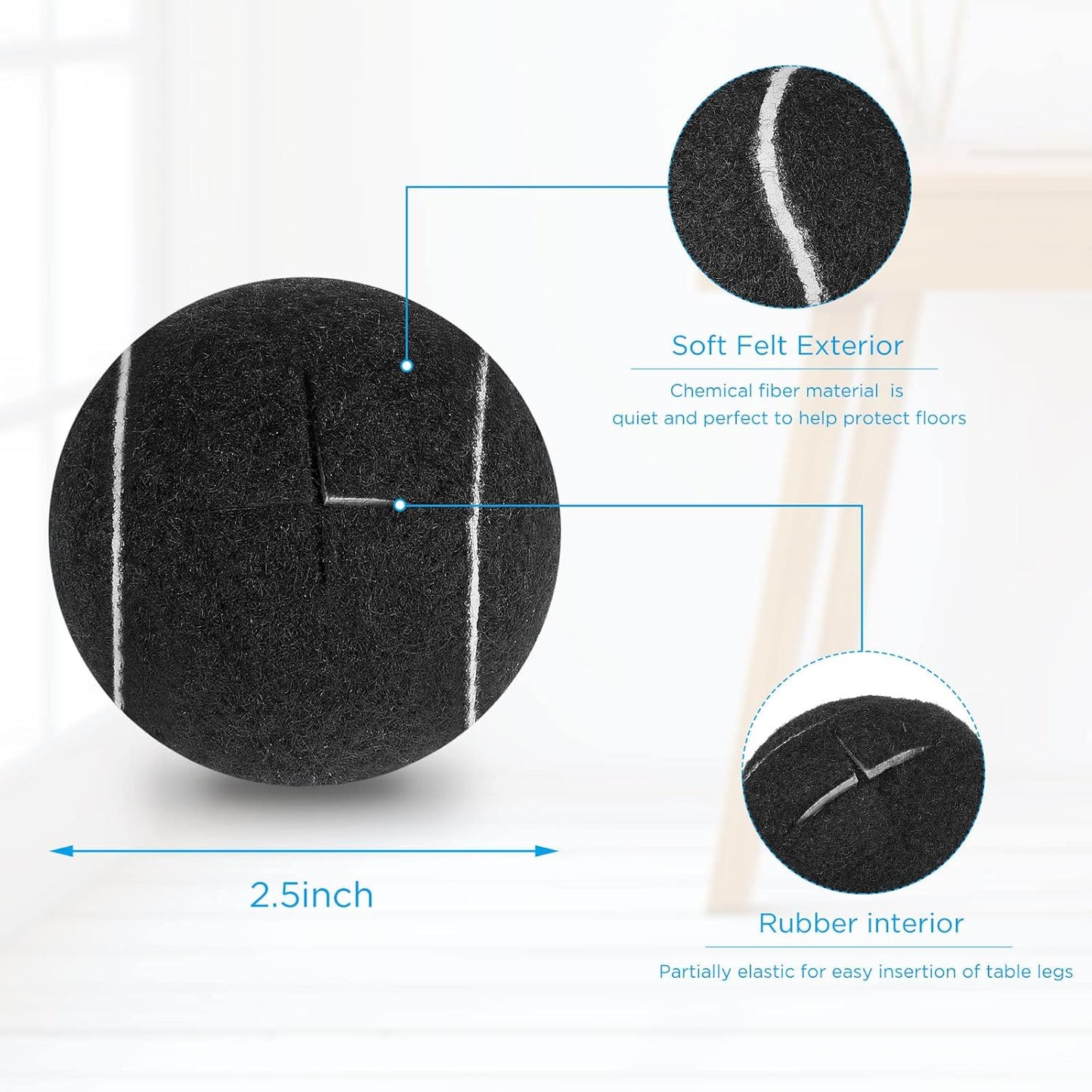 24 Pcs Precut Tennis Balls for Furniture Legs and Floor Protection Chairs Desks Furniture Tennis Balls for Chairs Feet Long Lasting Foot Covers(Black)