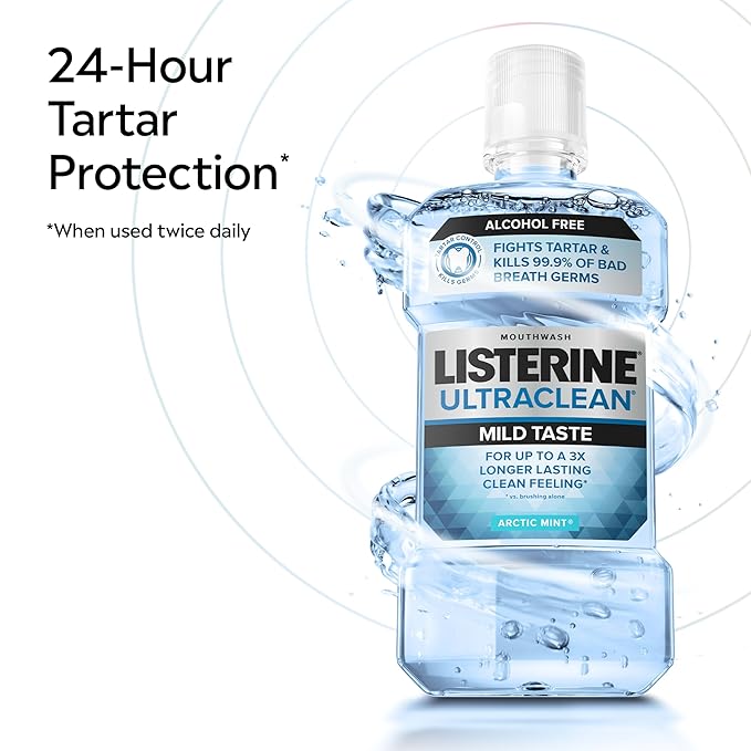 Listerine Ultraclean Alcohol-Free Tartar Control Mouthwash, Oral Rinse Fights Stain Build Up to Help Keep Naturally White Teeth, Less Intense Arctic Mint Flavor, 1L