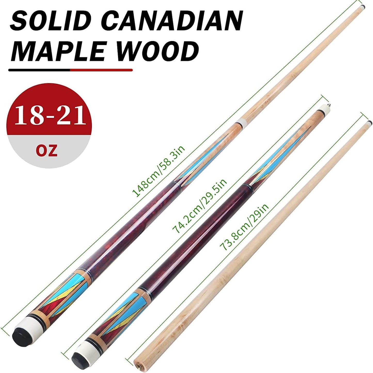 AKLOT Pool Cues,Set of 4 Pool 58" Cue Sticks Canadian Maple Wood Cue Stick for Professional Billiard Players 18 19 20 21 oz