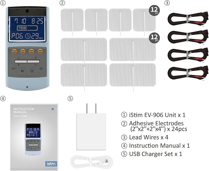 iStim TENS EMS Muscle Stimulator, EV-906 for Pain Relief and Muscle Strengthening, Japanese Gelled Electrodes Included
