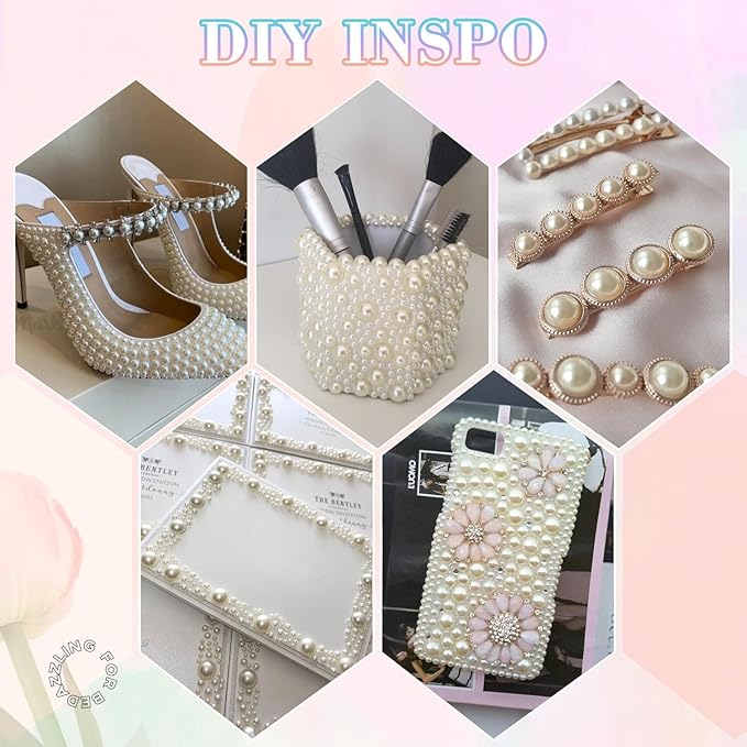 13500Pcs Flatback Pearls for Bedazzling (Beige) with 3Pcs B7000 Jewelry Glue, Assorted Size 2/3/4/5/6/8/10mm Half Pearl, Bedazzling Gems for Crafting Clothing Tumbler Shoes Embellishment Nail Art