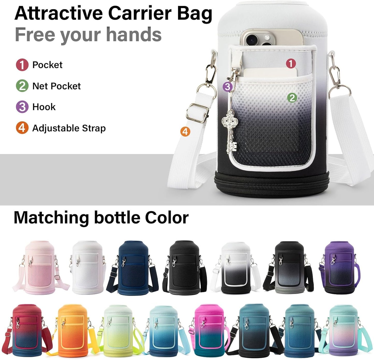 Insulated Water Bottle | Thickened Stainless Steel Vacuum Metal | Portable Sports Half Gallon Large Water Jug for Gym and Hiking with Straw, Carrier Bag, Handle Strap | BPA-Free 64 oz