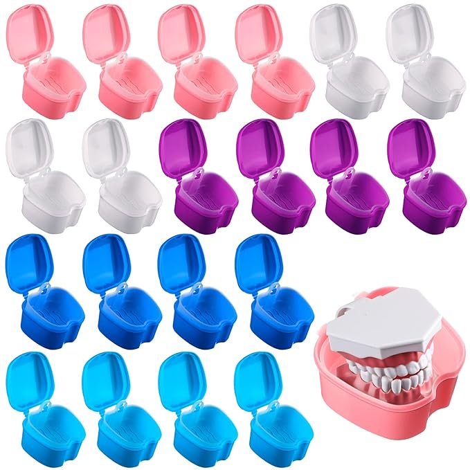 Zubebe 20 Pcs Denture Bath Retainer Case Holder Bulk with Strainer Basket Dental Cup Denture Soaking Container False Teeth Storage Box for Travel Cleaning Brace Mouth Guard, 5 Colors