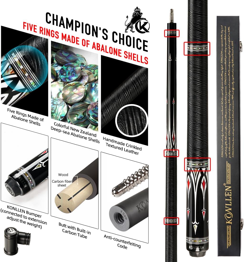 KONLLEN Carbon Fiber Pool Cue Stick Low Deflection Hand-Made Inlay Billiard Cue Ultra-Smooth Professional Feeling Billiard Pool Cue Sticks for Adults