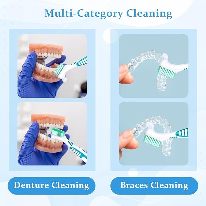 10 Pcs Denture Brush for False Teeth Denture Care Cleaning Brush Double Sided Toothbrush Portable Soft Multi-Layered Bristles Cleaner Brushes Ergonomic Rubber Handle