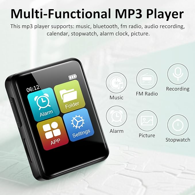 1.8 inch MP3 Player with Bluetooth, 32GB Digital Music Player for Kids, Portable Mini Bluetooth MP3 Player with Speaker Lossless Sound with FM Radio, Voice Recorder, Supports up to 512GB, Black