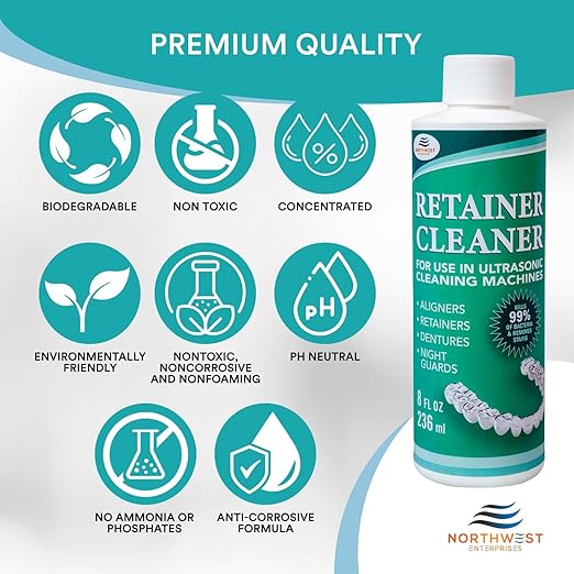 Ultrasonic Retainer Cleaner Solution Concentrate - Ultrasonic Denture Cleaner for Ultrasonic Machines - Cleans Mouthguards, Invisalign, and Nightguards - Updated Formula (Mint) (8 Ounces)