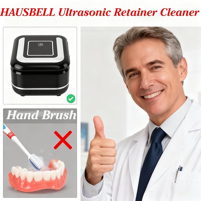 HAUSBELL Dental Pod: Ultrasonic Retainer Cleaner, Denture Cleaner Machine with 8 Cleaner Tablets, Aligner Cleaner, Nightguard Cleaner, Mouthguard Cleaner, Ultrasonic Cleaner with Noise-Reduction Lid