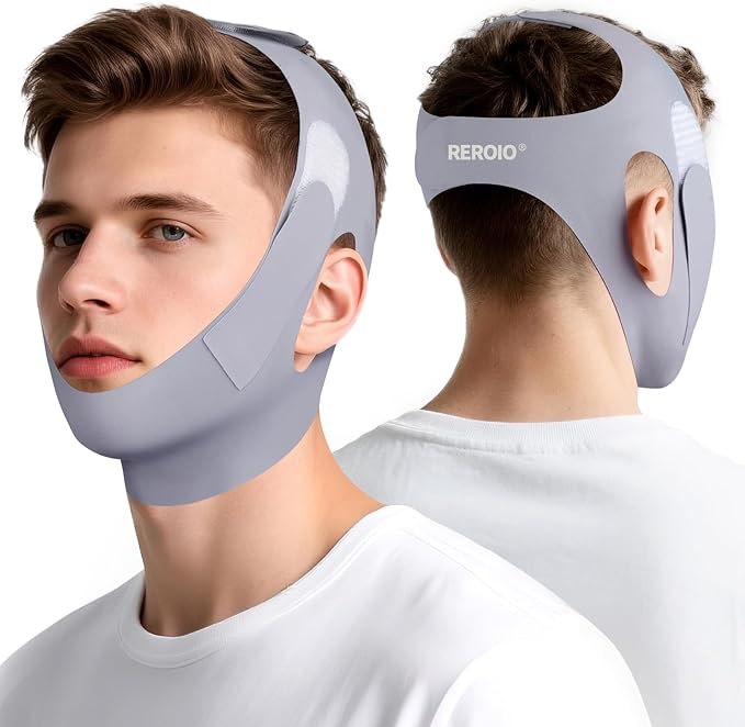 Chin Strap for Sleeping with 4-Side Adjustment, Anti Snoring Chin Strap Elasticity for Adults, Anti Snoring Devices Breathable and Durable, Snore Stopper for CPAP Users, Gray, M