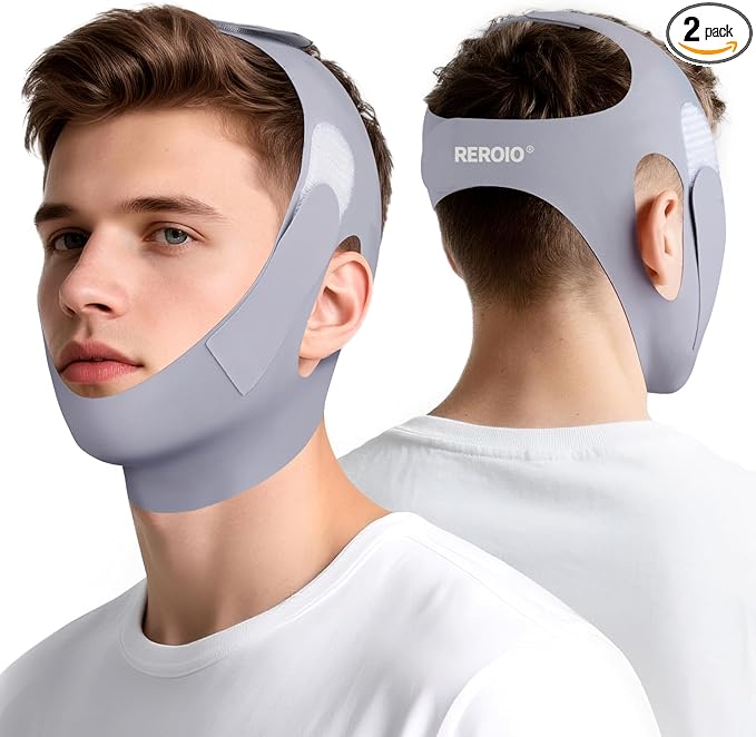 Chin Strap for Sleeping with 4-Side Adjustment, Anti Snoring Chin Strap Elasticity for Adults, Anti Snoring Devices Breathable and Durable, Snore Stopper for CPAP Users, Gray, M, 2packs