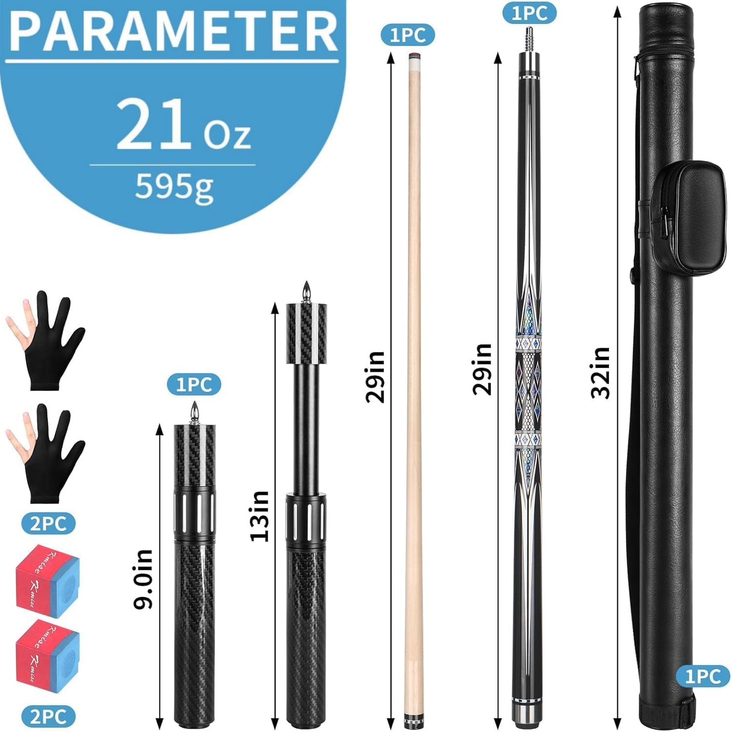 Kmise Professional Pool Cue Stick - 19 20 21oz Canadian Maple Cue Sticks, Low Deflection Shaft with Telescopic Carbon Fiber Extension, Pool Sticks for Aults, Billiard Cue Sticks with Leather Cue Case