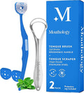 Mouthology Tongue Brush & Tongue Scraper (Combo Pack), Reduce Bad Breath & Improve Oral Hygiene, Tongue Scraper Brush for Adults Ergonomic Handle & Protective Cap, Tongue Cleaner