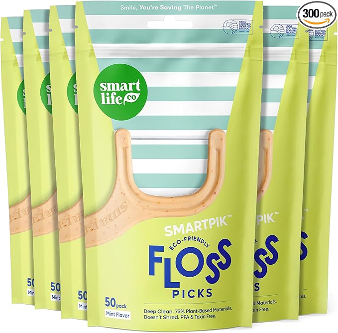 SmartLifeco Eco-Friendly Dental Floss Picks (300ct) - The Original Straw Wheat Flossers, Superior Anti-Shred Thread for Tight Gaps, Zero Waste Tooth Pick for Adults, Soft on Gum & Teeth, Vegan, Mint