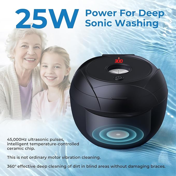 Ultrasonic Retainer Cleaner Machine, 45kHz Dental Cleaning Pod for Denture, Mouth Guard, Night Guard, Aligner, Braces, Toothbrush, 200ML Denture Cleaner with Digital Timer & 4 Modes, Black