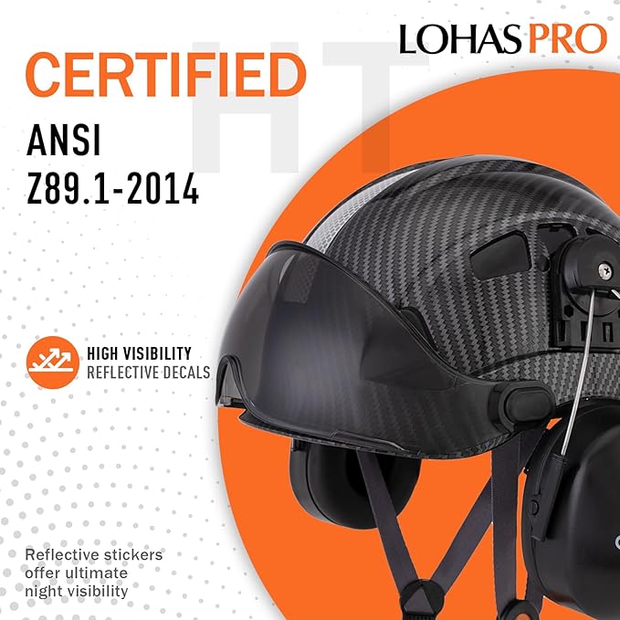 LOHASPRO Arborist Forestry Helmet Safety Hard Hat with Visor and Ear Muffs Carbon Fiber Hard Hat for Logging Chainsaw Helmet Mowing(Black Graphite Pattern with Smoked Visor+Earmuffs)