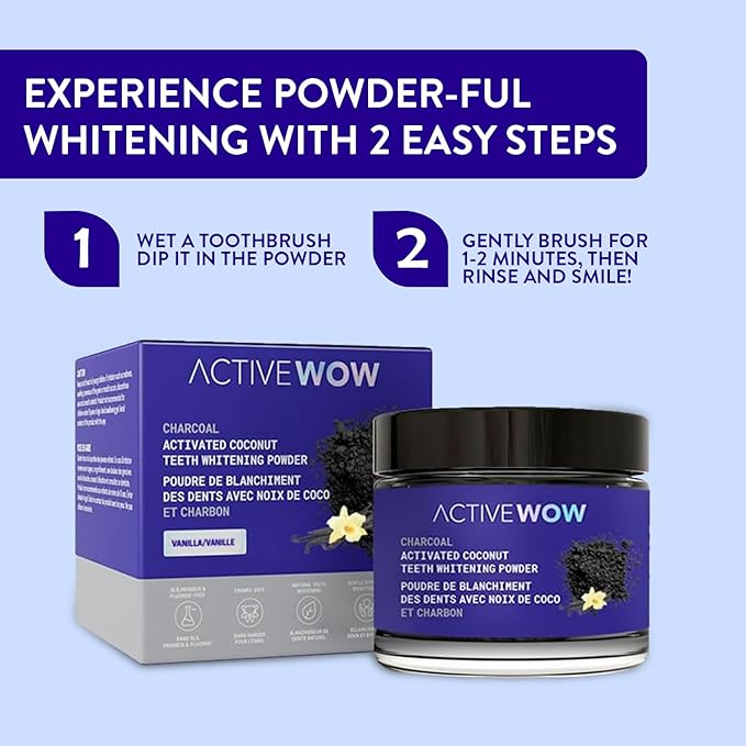 Active Wow Activated Coconut Powder – Whitening Toothpaste Powder, Fluoride-Free, Sulfate & Paraben-Free, Vanilla Flavor