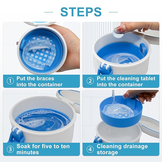 BVN Leak-Proof Denture Bath Cup for Travel, Denture Cup for Soak Dentures, Retainer Cleaning Case with Strainer (White + Blue)