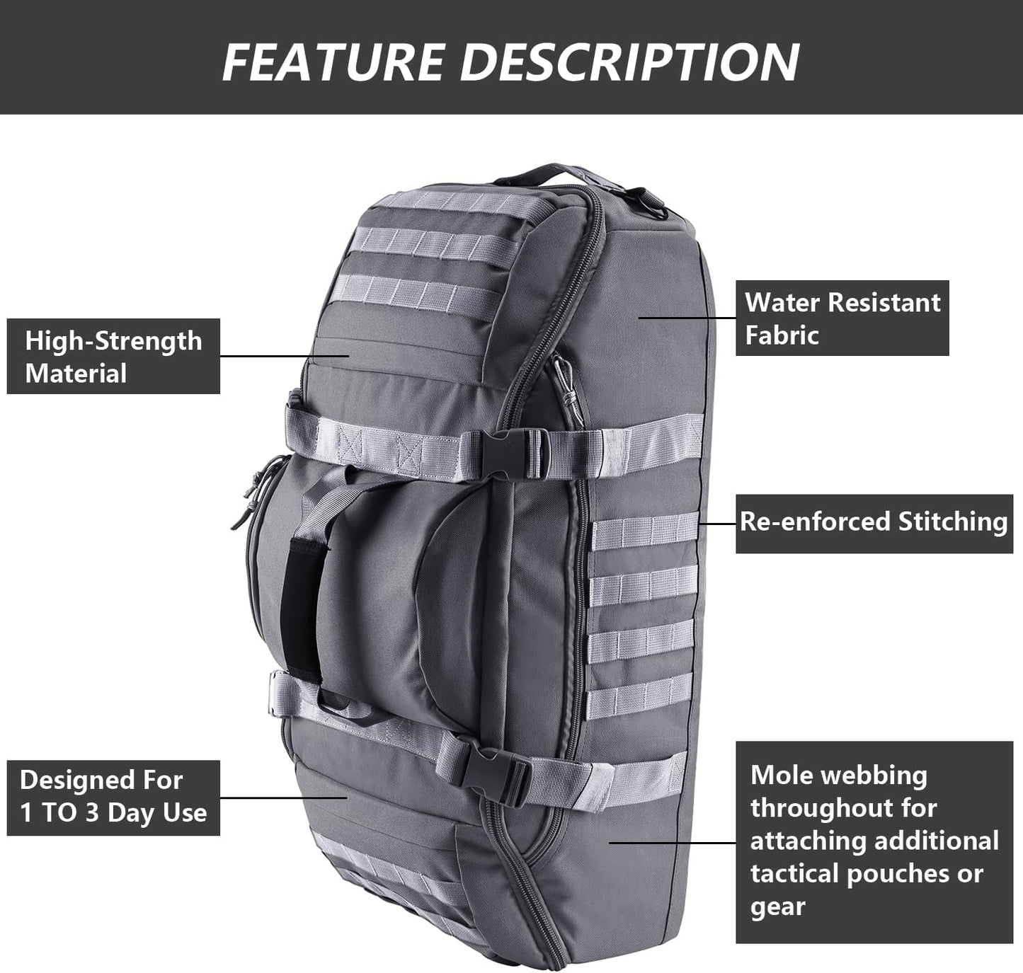 65L Large Duffle Bag, 3-in-1 Tactical Backpack MOLLE Pack for Sports, Gym, Outdoor, Grey