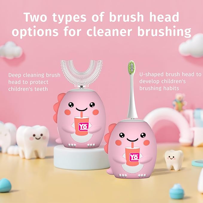 Kids U Shaped Electric Toothbrush，auto Sonic Baby Toothbrush，Cartoon Dinosaur 360-Degree Cleaning IPX7 Waterproof Design*（2-7y）