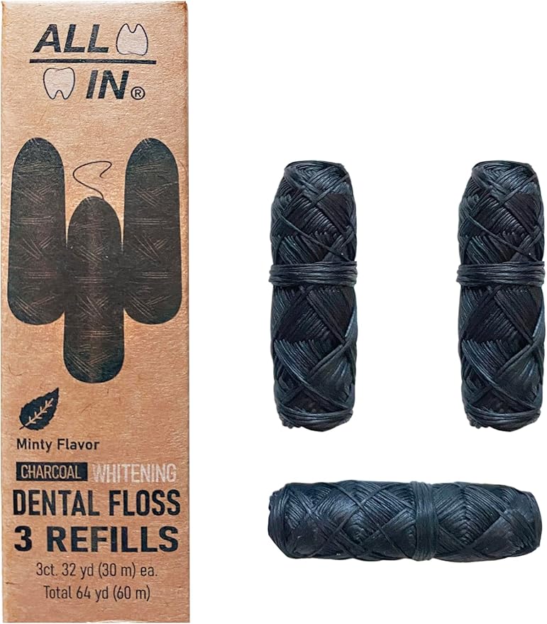 ALL IN Charcoal Floss Refills 3 x 32 Yds Each - Activated Charcoal Dental Floss Refills Only – BPA Free, Plant Based No PFAS Mint Floss for Plaque Removal, Fresh Breath (3)