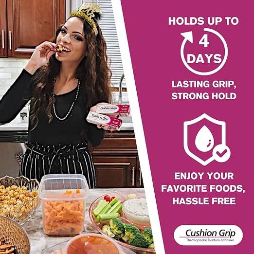 Cushion Grip Thermoplastic Denture Adhesive 1oz (12 Pack)–Extra Strong Hold Up to 4 Days, Unmatched Strength, Waterproof & Zinc Free, Relieves Sore Gums, Comfortable Refit, Long Lasting Denture Refit