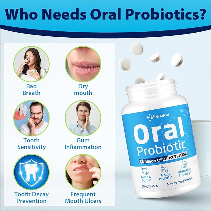Oral Probiotics for Mouth Bad Breath for Adults 11 Billion CFU, Best Breath Oral Dental Probiotics for Teeth & Gums, Dry Mouth, Gum Restore, Fresh Breath, Chronic Halitosis & Gut Health, 60 Lozenges