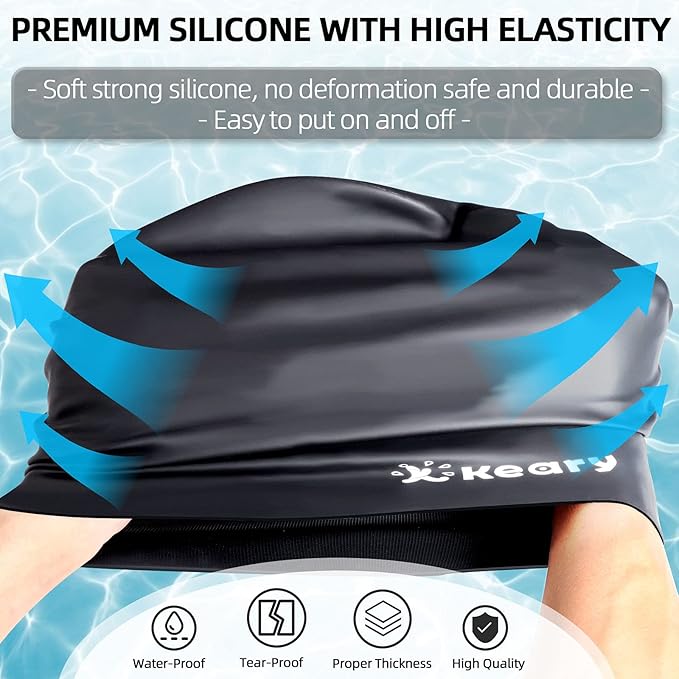 Keary Extra Large Swim Cap for Braids and Dreadlocks Extensions Weaves Long Hair, Waterproof Silicone Cover Ear Bath Pool Shower Swimming Cap for Adult Youth to Keep Hair Dry, Easy to Put On and Off