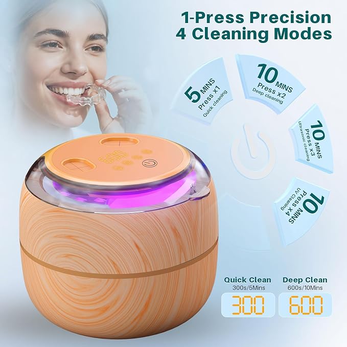 Voraiya Ultrasonic Retainer Cleaner Machine, 360° UV Cleaning Denture Pod, 45kHz Ultrasonic Dental Cleaner Mouth Guard Cleaner for Aligner, Night Guard, Braces, Toothbrush, Jewelry, Ring