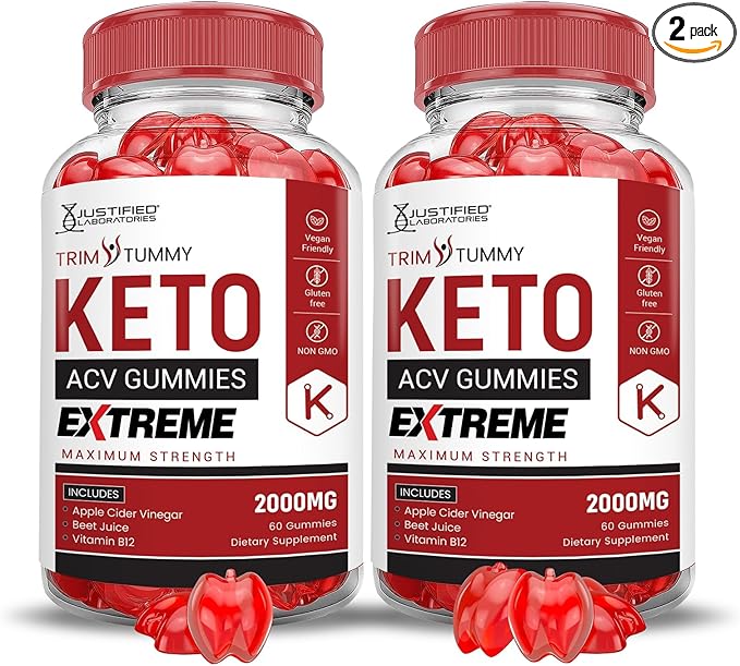 Justified Laboratories (2 Pack Trim Tummy Keto ACV Gummies Extreme 2000MG Trim Tummy Keto Gummies Apple Cider Vinegar Formulated with Pomegranate Beet Juice Powder B12 Vegan Non GMO 120 Gummys