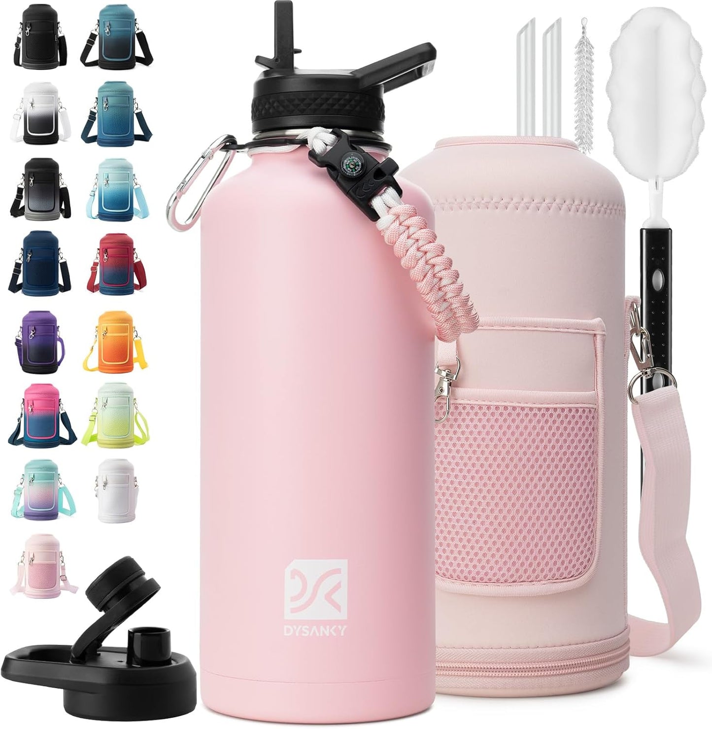 Insulated Water Bottle | Thickened Stainless Steel for Gym and Hiking with Straw, Carrier Bag, Handle Strap | BPA-Free 87 oz