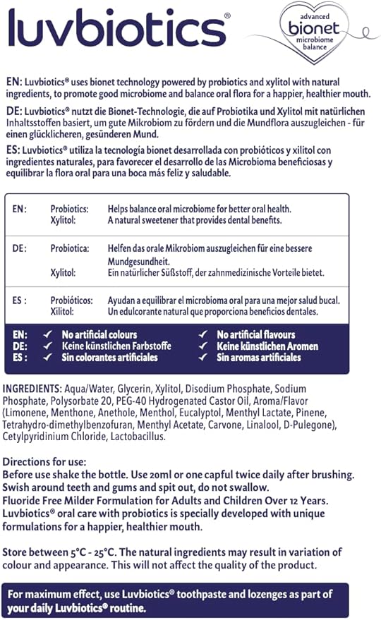 Luv Biotics Fluoride Free Mouthwash with Oral Probiotics, Xylitol & Aloe Vera -3 x 500ml