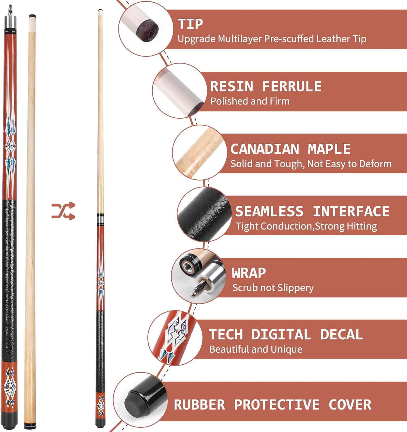 Kmise Pool Cue Stick Set - 58 Inch Pool Cues, 18~21Oz Canadian Maple Professional Billiard Cues Sticks, Pool Sticks for Adults, Multiple Colors, Pool Stick for Bar House Pool Tables Sports