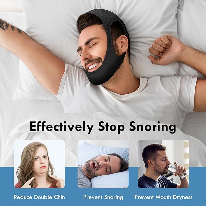 Anti Snoring Chin Strap, Comfortable Chin Strap for Sleeping Anti Snore Chin Strap, Adjustable and Breathable Jaw Strap for Sleep for Men or Women, Non-Stick Hair Anti Snoring Devices, Black