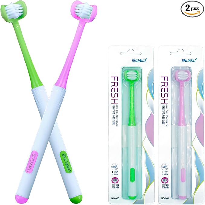 3 Sided Autism Toothbrush 360° Oral Teeth Cleaning Design U-Shaped Toothbrush 2 PCS Adult Soft Bristles Soft and Gentle for Complete Tooth and Gum Care (Green+Pink)