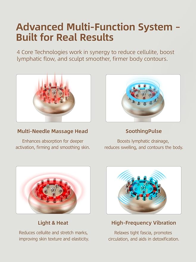 Lymphatic Drainage Massager & Anti Cellulite Massage Tool, Reduce Stretch Marks & Cellulite, for Legs, Arms & Belly, Body Sculpting Machine with Microcurrent, Light, Heat & Vibration,White