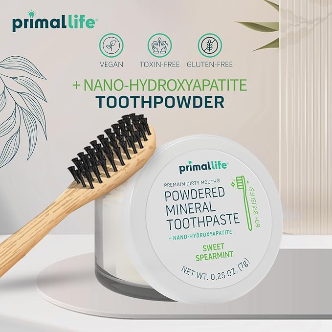 Primal Life Organics - Dirty Mouth Toothpowder, Tooth Cleaning Powder, Flavored Essential Oils with Natural Kaolin & Bentonite Clay, Good for 60+ Brushings, Organic, Vegan (Sweet Spearmint, 0.25 oz)