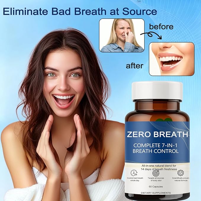Zero Breath Bad Breath Capsules, 7-in-1 Body Deodorizing Supplement, with Chlorophyllin, Mint Extract, Probiotic Blend, Oral Freshness in 14 Days