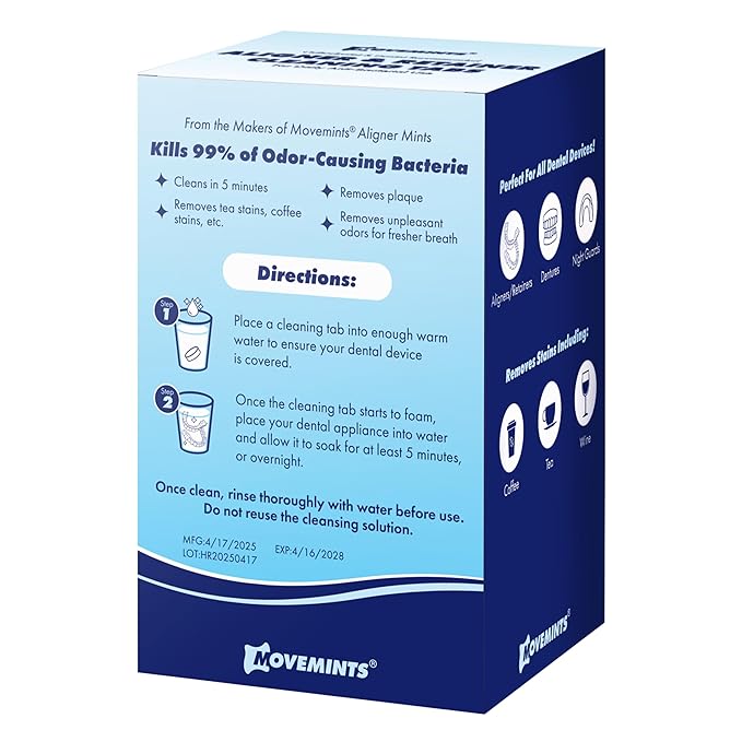 Movemints Cleaning Tablets for Aligners, Retainers, Dentures, Night Guard – Ultrasonic Compatible – Freshen Appliance and Remove Stains, Odors, and Plaque – Mint, 120 Count