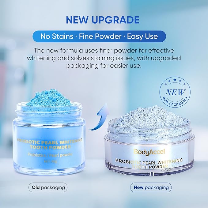 BodyAccel Teeth Whitening Powder Upgraded– Probiotic Pearl Whitening Tooth Powder, Fluoride-Free Toothpaste for Coffee & Tea Stain Removal, 360° Clean Teeth, Fresh Breath