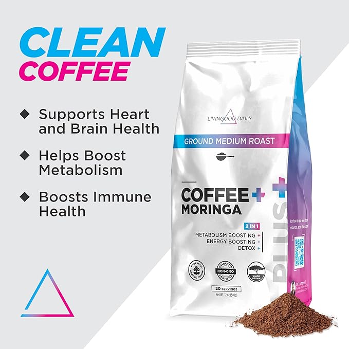 Livingood Daily Coffee with Moringa, Ground Medium Roast Coffee with Plant Based Ingredients for Morning Energy, Made with Moringa Powder, Organic, Non GMO, Vegan, Gluten Free, 20 Servings, 12 oz Bag