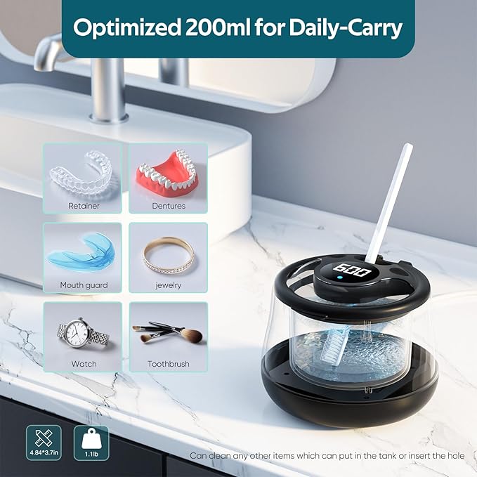 Ultrasonic Retainer Cleaner Machine- 45kHz Denture Cleaner, 200ML Dental Cleaning Pod for Aligners, Mouth Night Guards, Toothbrush Heads & Jewelry, 4 Cleaning Modes, Digital Timer, Black