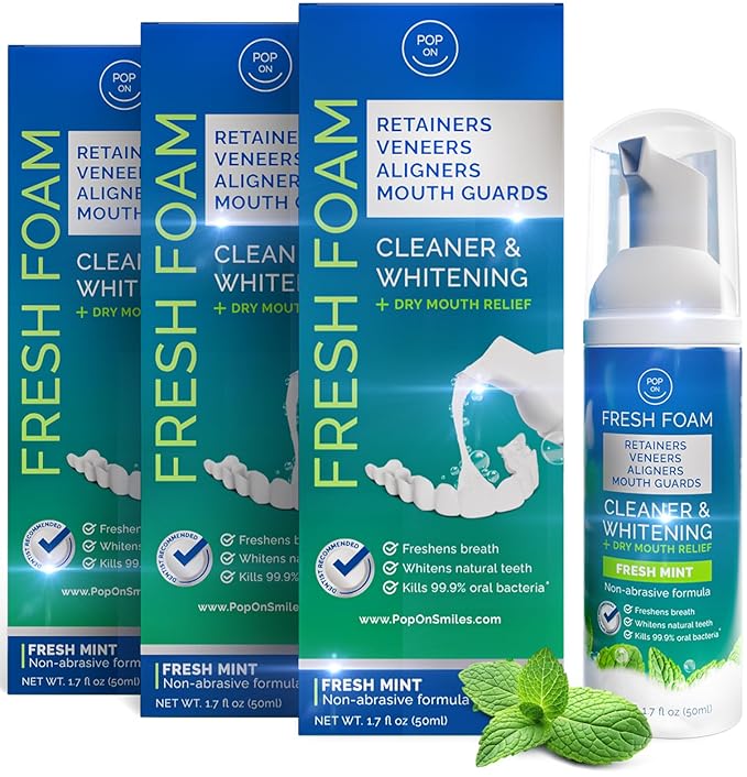 Aligner & Retainer Cleaner Fresh Foam – Dry Mouth Relief, Compatible with All Clear Aligners, Retainers, Mouth Guards, Night Guards, Veneers, Whitens, Freshens, 3% Hydrogen Peroxide, Mint - 50ml 3pcs