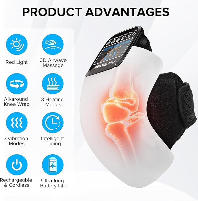 4-in-1 Knee Massager – Deep Heat, Red Light, Vibration & 3D Massage, Cordless and Portable with large LED Screen, Ideal for Joint Pain Relief & Post-Workout Recovery, Gift for Families and Friends