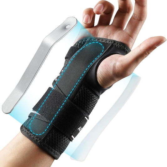 AGPTEK Carpal Tunnel Wrist Brace for Men Women, Night Sleeping Wrist Support with 2 Splints, Pain Relief Hand Brace for Arthritis Sprains Tendonitis, Adjustable Wrist Splint for Right Hand (L/XL, Black & White )
