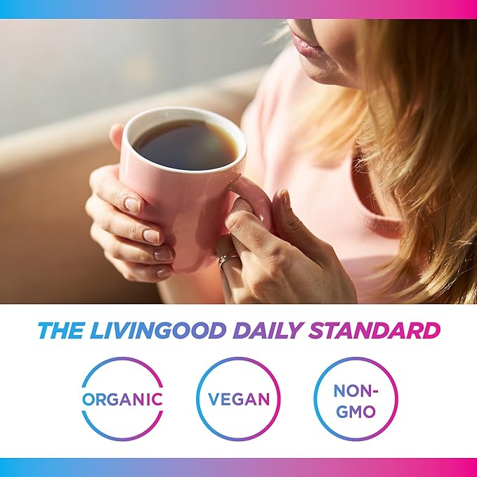 Livingood Daily Coffee with Moringa, Whole Bean Medium Roast Coffee with Plant Based Ingredients for Morning Energy, Made with Moringa Powder, Organic, Non GMO, Vegan, Gluten Free, 20 Srvgs, 12 oz Bag