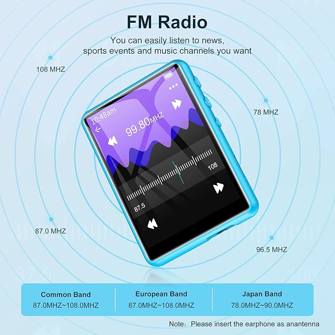 64GB Mp3 Player with Bluetooth 5.3 Blue, SWOFY M4 Music Player with 2.4" Touch Screen, HD Speaker FM Radio, Recording Support up 128GB