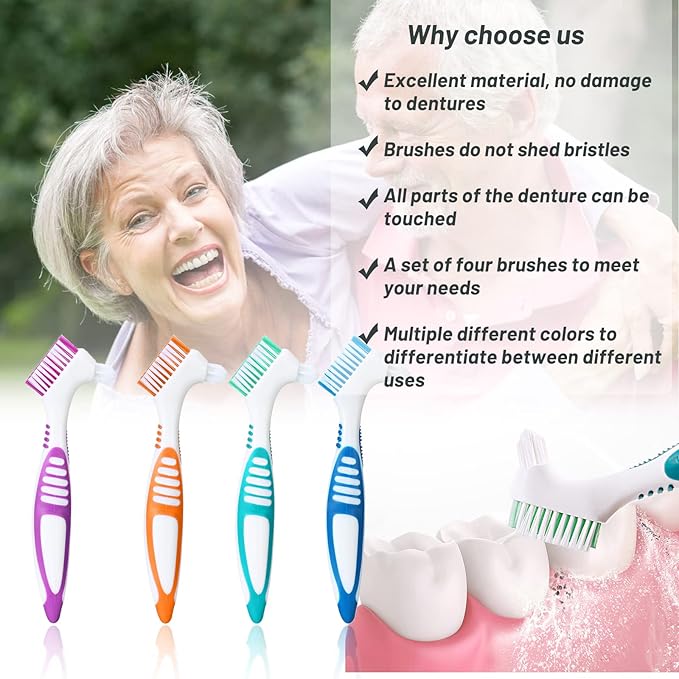 Denture Brush 4 Pack,Double Sided Denture Toothbrushes, Multi-Layered Bristles & Ergonomic Rubber Anti-Slip Handle Denture Brush Toothbrush, for Denture Cleaning Care