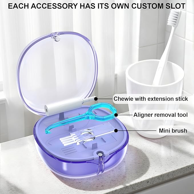 Double-layer Retainer Box Case Orthodontic Teeth Aligner Case with Mirror, Dental Night Mouth Guard Holder with Retainer Remover Tool, Chew and Brush - Secure Magnet Closure - Transparent Blue