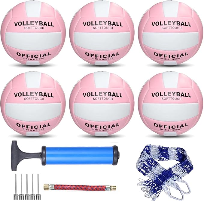6 Pack Official Size 5 Synthetic Leather Volleyballs, Includes Pump and Net Bag, Volley Ball for Indoor and Outdoor Competition